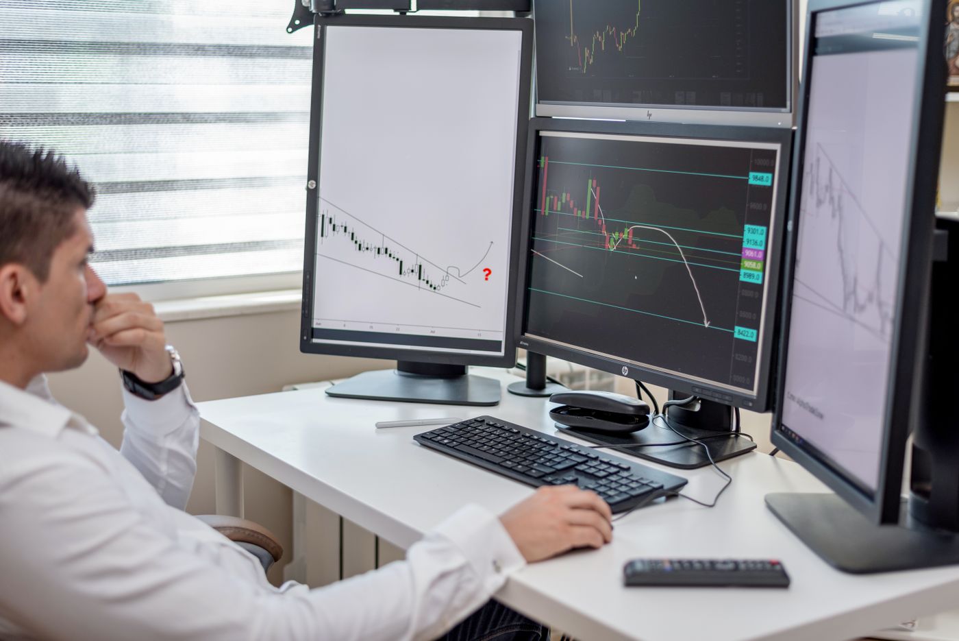 Trader working at a desk with several market screens